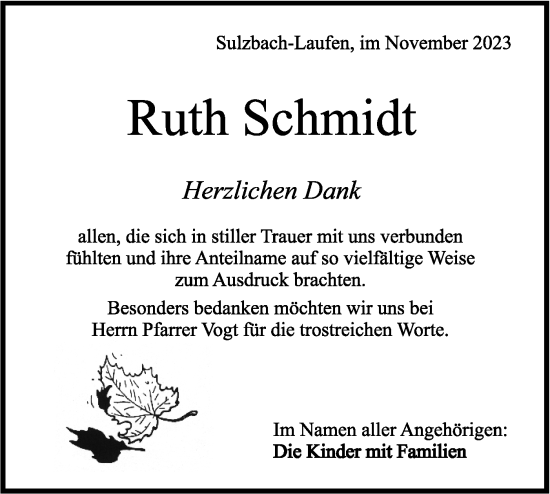 Traueranzeige von Ruth Schmidt von Rundschau Gaildorf