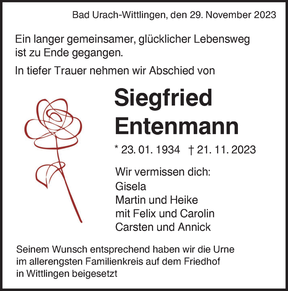 Traueranzeige für Siegfried Entenmann vom 29.11.2023 aus SÜDWEST PRESSE/SÜDWEST PRESSE