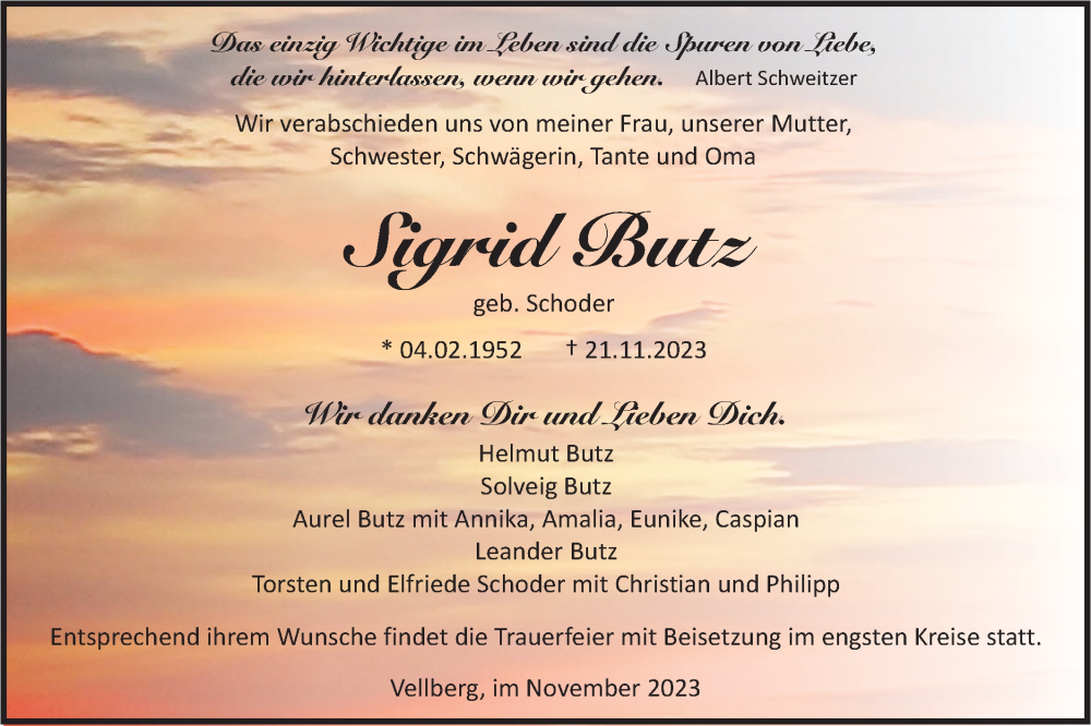  Traueranzeige für Sigrid Butz vom 29.11.2023 aus Haller Tagblatt
