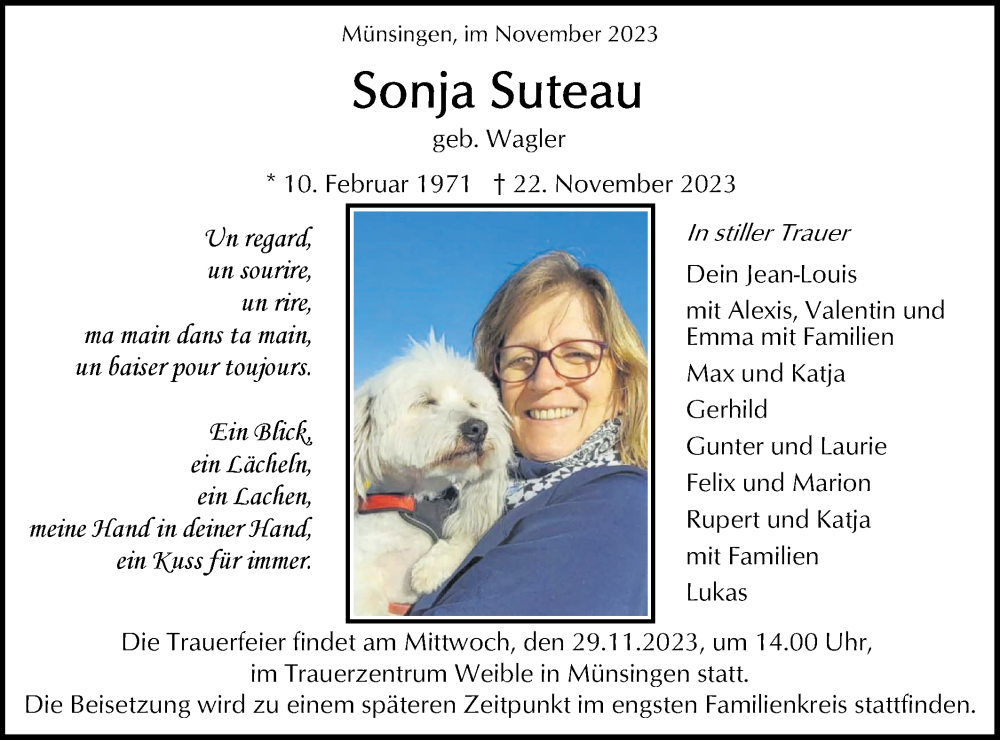  Traueranzeige für Sonja Suteau vom 25.11.2023 aus Alb-Bote/Metzinger-Uracher Volksblatt