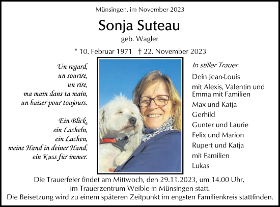 Traueranzeige von Sonja Suteau von Alb-Bote/Metzinger-Uracher Volksblatt
