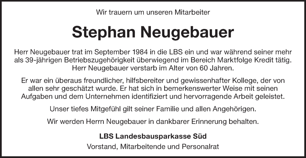  Traueranzeige für Stephan Neugebauer vom 29.11.2023 aus SÜDWEST PRESSE/SÜDWEST PRESSE