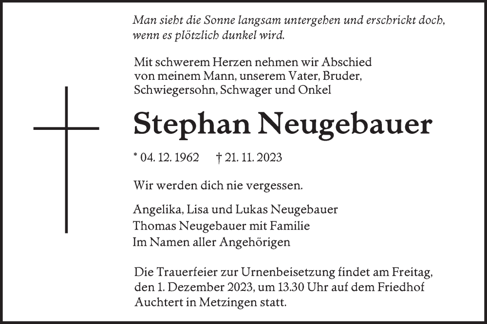  Traueranzeige für Stephan Neugebauer vom 25.11.2023 aus SÜDWEST PRESSE/SÜDWEST PRESSE
