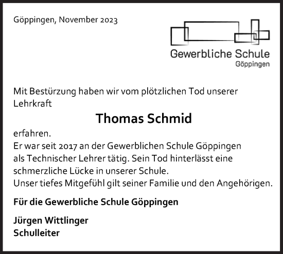 Traueranzeige von Thomas Schmid von NWZ Neue Württembergische Zeitung