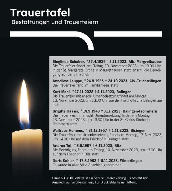 Traueranzeige von Totentafel vom 09.11.2023 von Hohenzollerische Zeitung