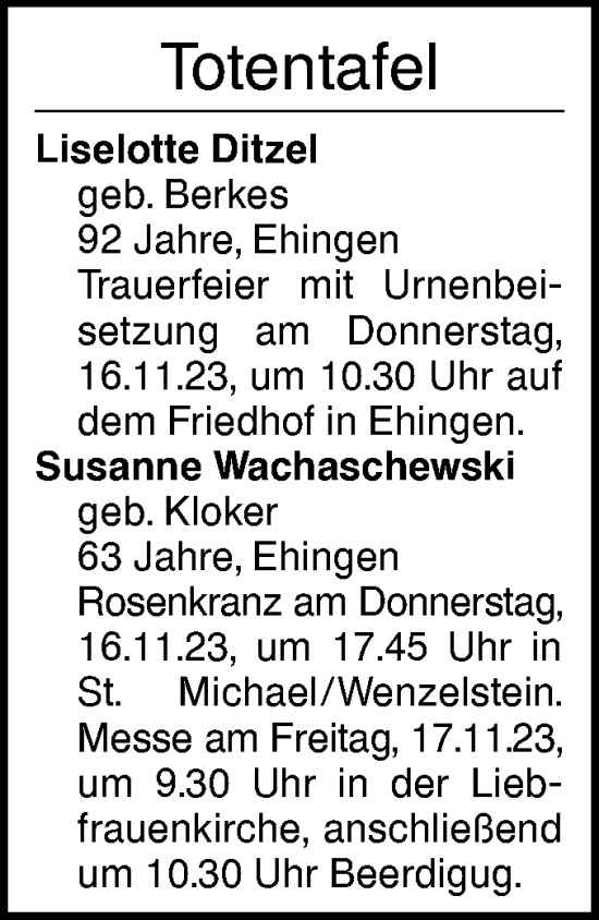 Traueranzeige von Totentafel vom 11.11.2023 von Ehinger Tagblatt