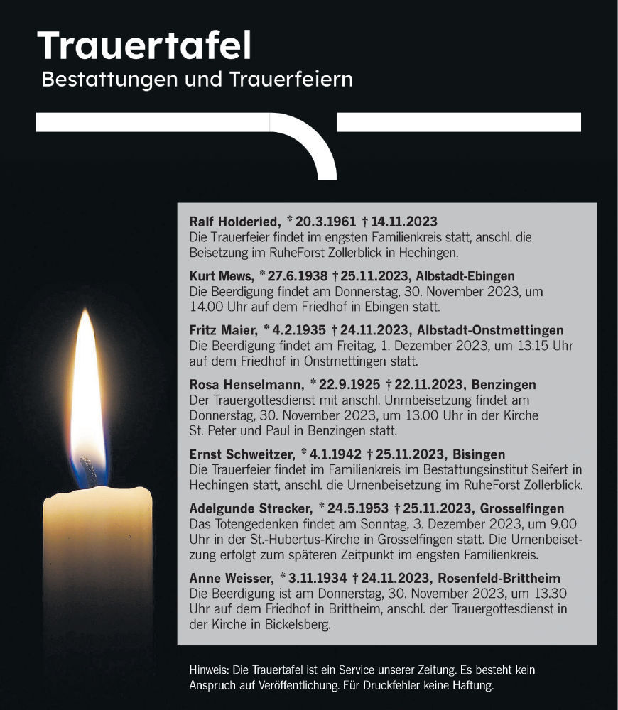 Traueranzeige für Totentafel vom 29.11.2023 vom 29.11.2023 aus Hohenzollerische Zeitung