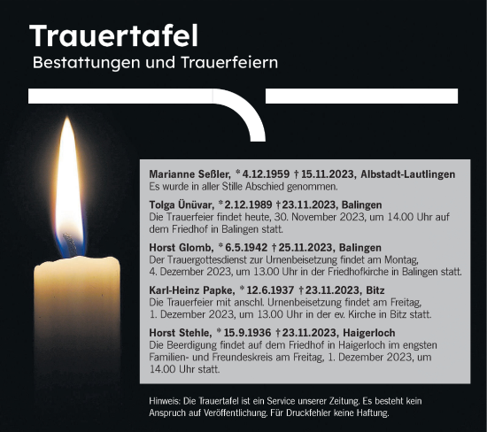 Traueranzeige von Totentafel vom 30.11.2023 von Hohenzollerische Zeitung