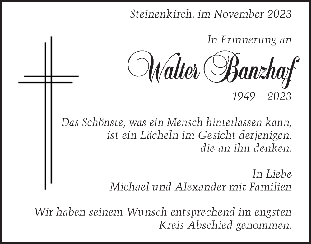  Traueranzeige für Walter Banzhaf vom 25.11.2023 aus Geislinger Zeitung