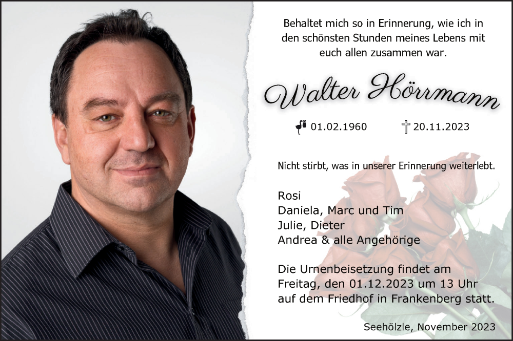  Traueranzeige für Walter Hörrmann vom 29.11.2023 aus Rundschau Gaildorf