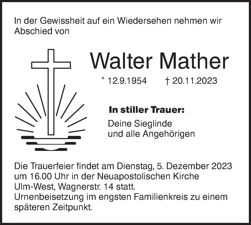  Traueranzeige für Walter Mather vom 29.11.2023 aus SÜDWEST PRESSE Ausgabe Ulm/Neu-Ulm