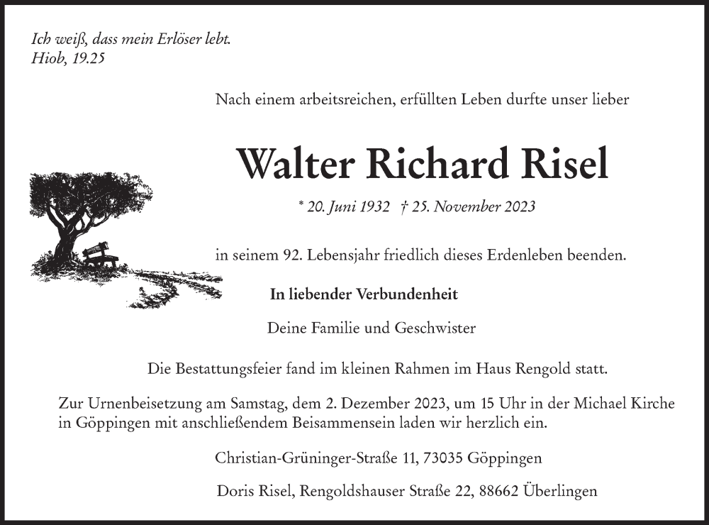  Traueranzeige für Walter Richard Risel vom 29.11.2023 aus NWZ Neue Württembergische Zeitung