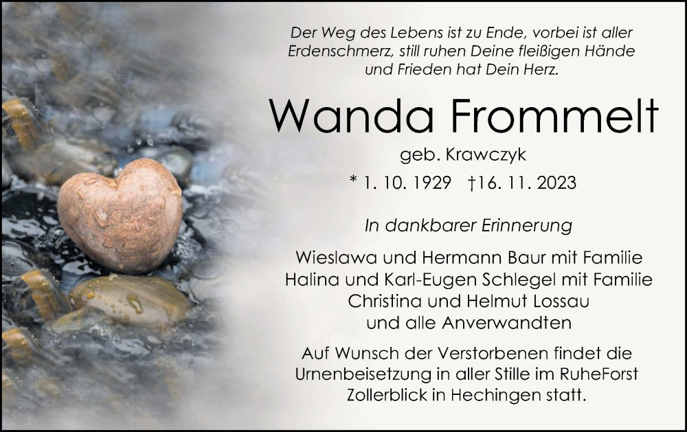  Traueranzeige für Wanda Frommelt vom 21.11.2023 aus Hohenzollerische Zeitung