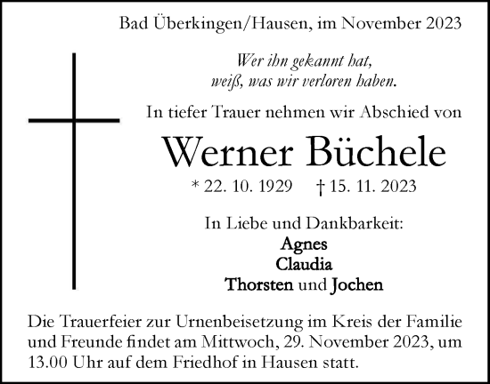Traueranzeige von Werner Büchele von Geislinger Zeitung