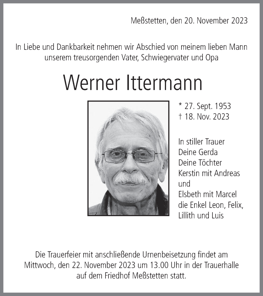  Traueranzeige für Werner Ittermann vom 21.11.2023 aus Hohenzollerische Zeitung