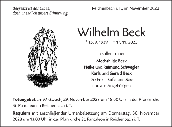 Traueranzeige von Wilhelm Beck von Geislinger Zeitung