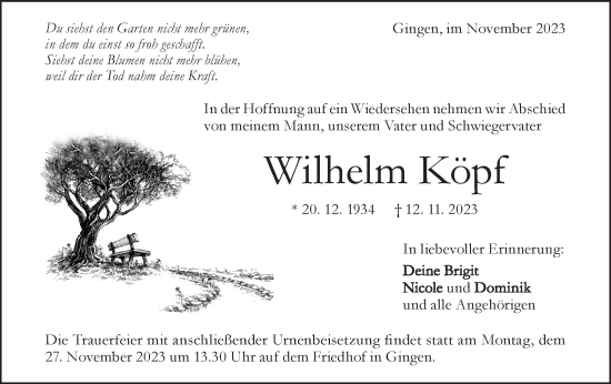 Traueranzeige von Wilhelm Köpf von Geislinger Zeitung
