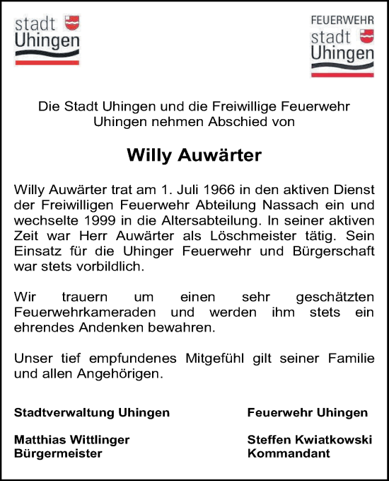 Traueranzeige von Willy Auwärter von NWZ Neue Württembergische Zeitung