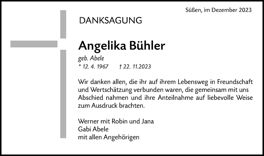  Traueranzeige für Angelika Bühler vom 05.12.2023 aus NWZ Neue Württembergische Zeitung