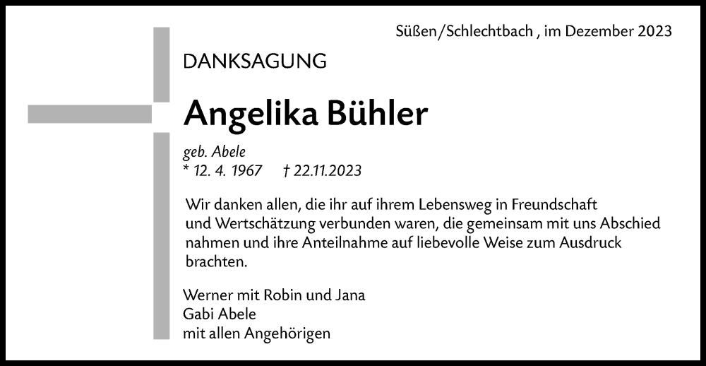  Traueranzeige für Angelika Bühler vom 08.12.2023 aus Rundschau Gaildorf