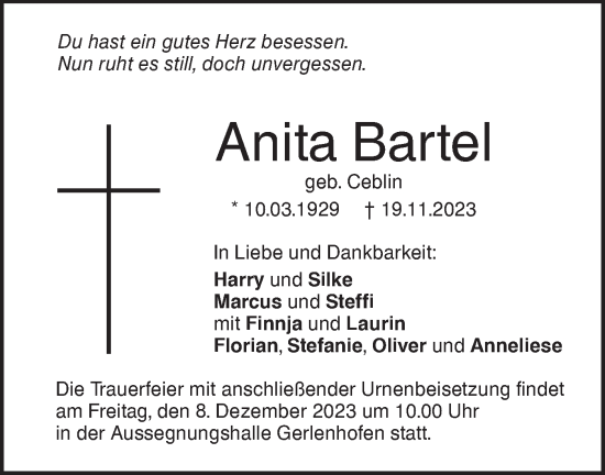 Traueranzeige von Anita Bartel von SÜDWEST PRESSE Ausgabe Ulm/Neu-Ulm
