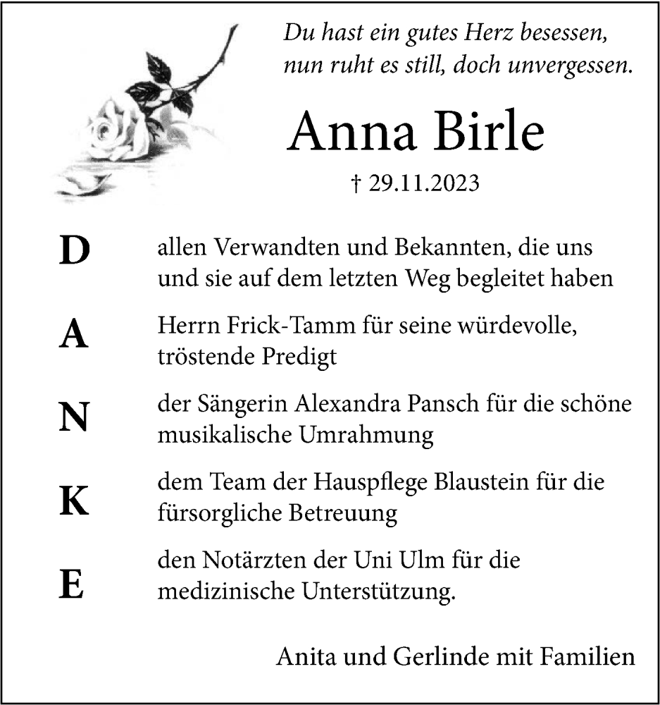  Traueranzeige für Anna Birle vom 30.12.2023 aus SÜDWEST PRESSE Ausgabe Ulm/Neu-Ulm