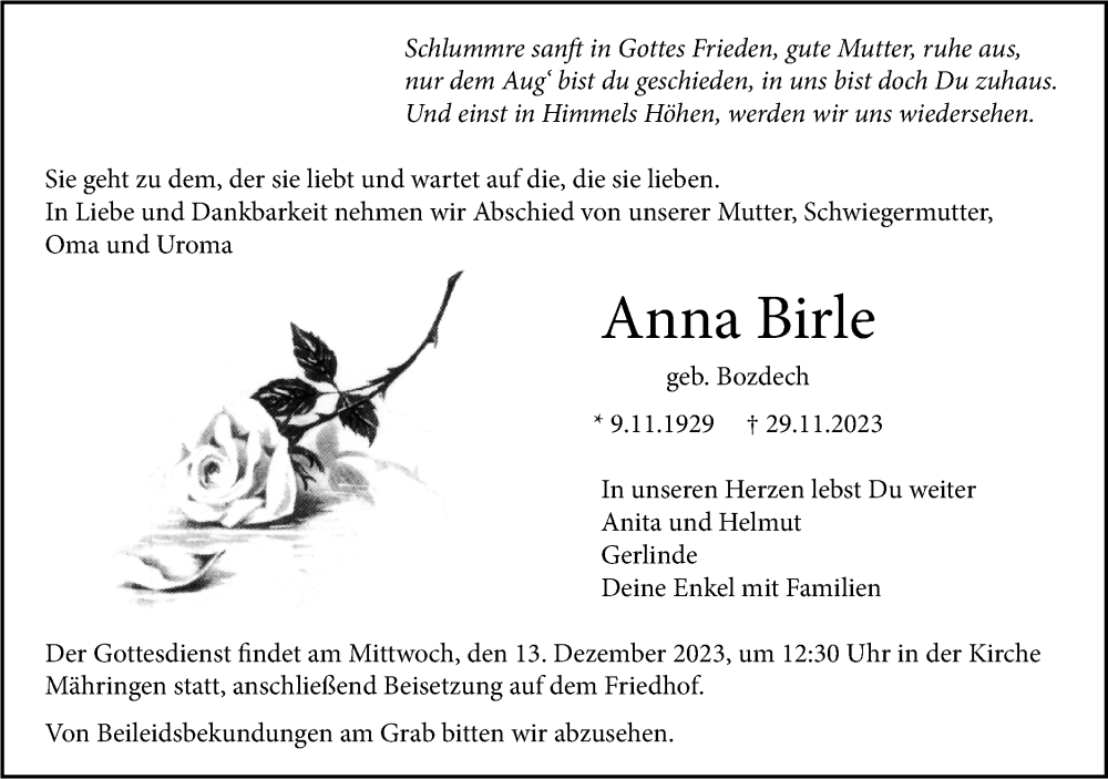  Traueranzeige für Anna Birle vom 02.12.2023 aus SÜDWEST PRESSE Ausgabe Ulm/Neu-Ulm