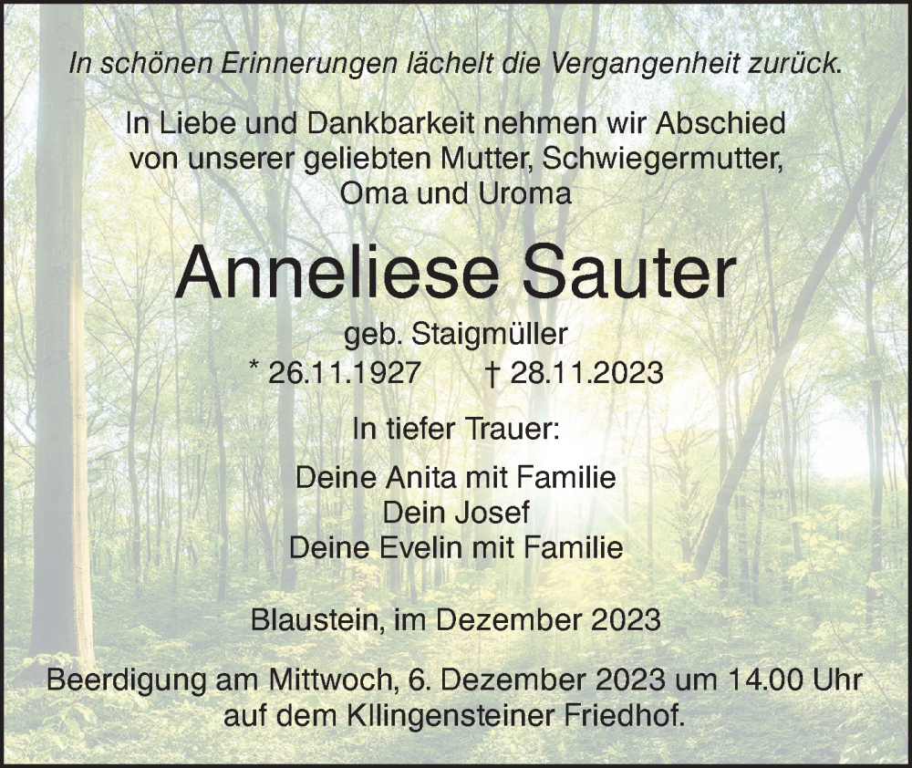  Traueranzeige für Anneliese Sauter vom 02.12.2023 aus SÜDWEST PRESSE Ausgabe Ulm/Neu-Ulm