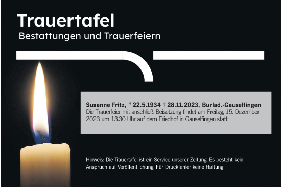 Traueranzeige von Bestattungen vom 11.12.2023 von Hohenzollerische Zeitung