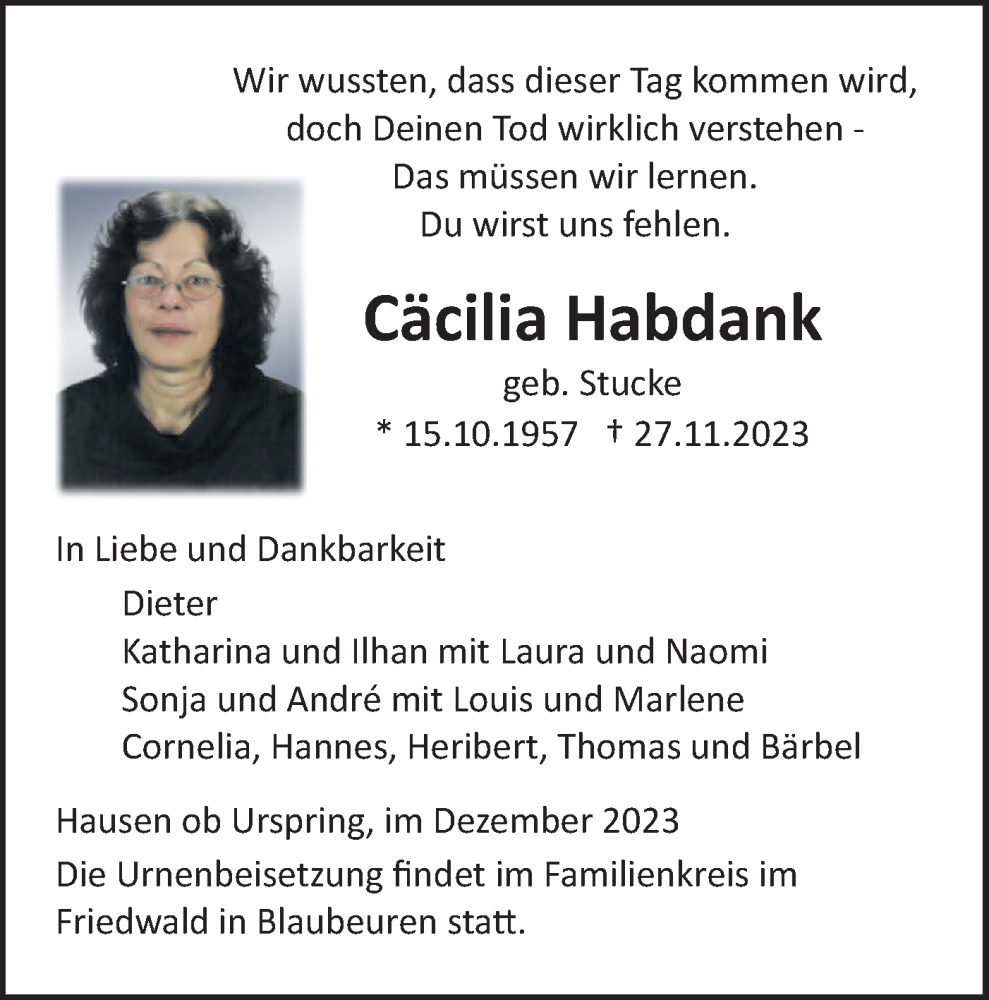  Traueranzeige für Cäcilia Habdank vom 02.12.2023 aus SÜDWEST PRESSE Ausgabe Ulm/Neu-Ulm