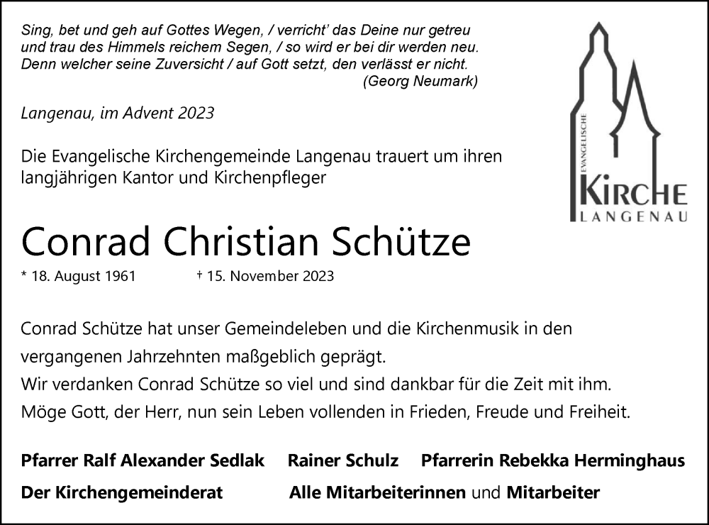  Traueranzeige für Conrad Christian Schütze vom 02.12.2023 aus SÜDWEST PRESSE Ausgabe Ulm/Neu-Ulm