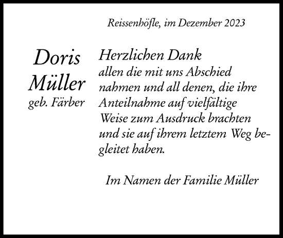 Traueranzeige von Doris Müller von Rundschau Gaildorf
