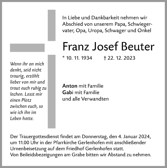 Traueranzeige von Franz Josef Beuter von SÜDWEST PRESSE Ausgabe Ulm/Neu-Ulm