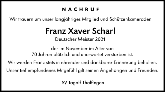 Traueranzeige von Franz Xaver Scharl von SÜDWEST PRESSE Ausgabe Ulm/Neu-Ulm