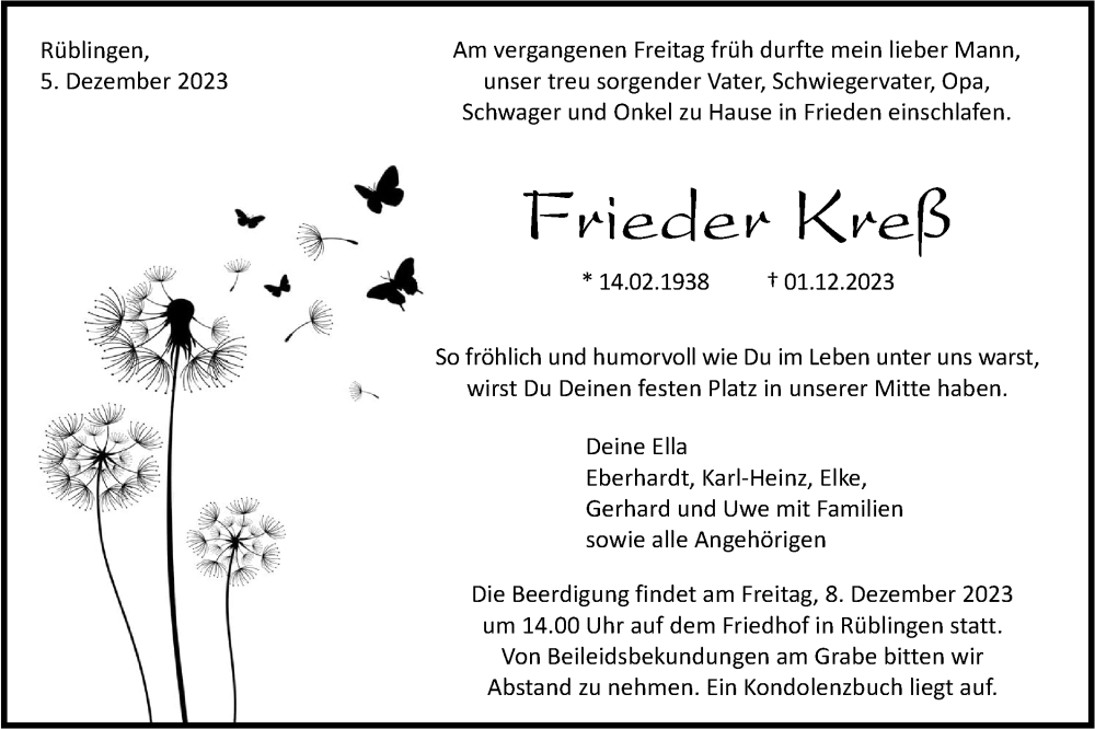  Traueranzeige für Frieder Kreß vom 05.12.2023 aus Haller Tagblatt