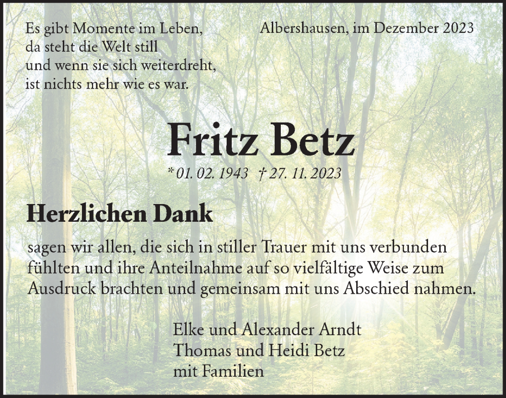  Traueranzeige für Fritz Betz vom 09.12.2023 aus NWZ Neue Württembergische Zeitung