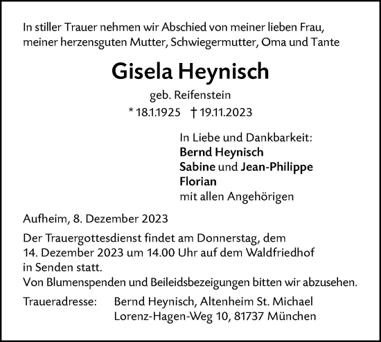 Traueranzeige von Gisela Heynisch von SÜDWEST PRESSE Ausgabe Ulm/Neu-Ulm