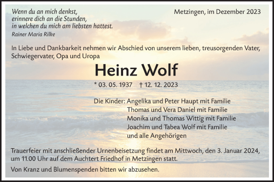 Traueranzeige von Heinz Wolf von SÜDWEST PRESSE/SÜDWEST PRESSE