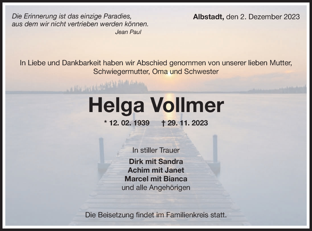  Traueranzeige für Helga Vollmer vom 02.12.2023 aus Hohenzollerische Zeitung