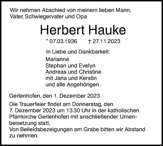 Traueranzeige von Herbert Hauke von SÜDWEST PRESSE Ausgabe Ulm/Neu-Ulm