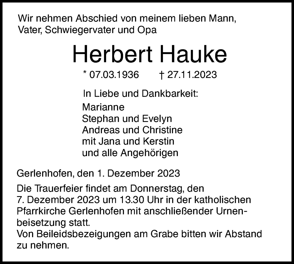  Traueranzeige für Herbert Hauke vom 01.12.2023 aus SÜDWEST PRESSE Ausgabe Ulm/Neu-Ulm