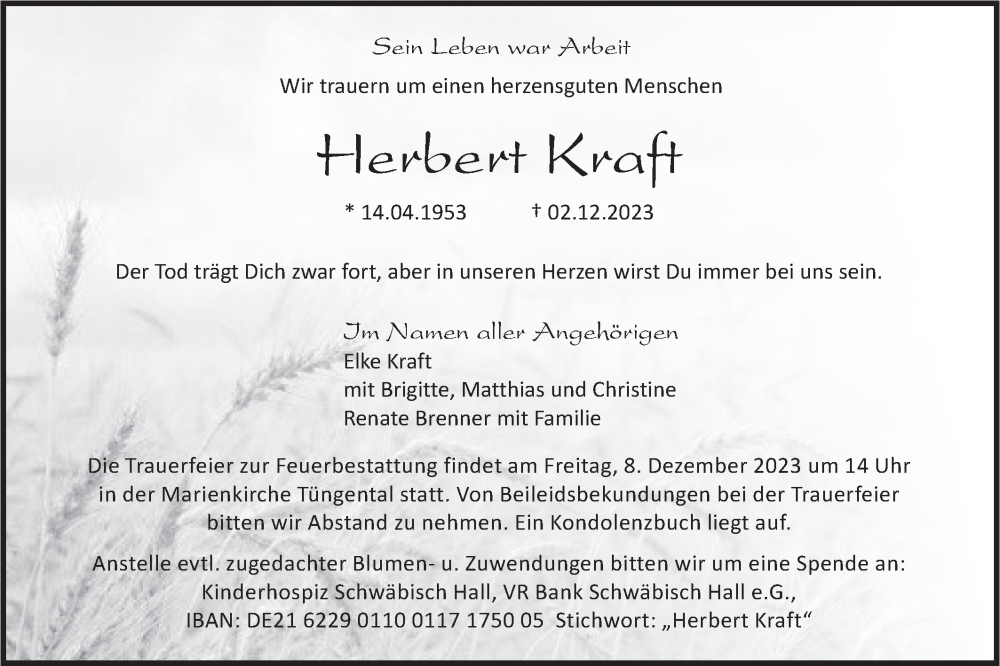  Traueranzeige für Herbert Kraft vom 05.12.2023 aus Haller Tagblatt