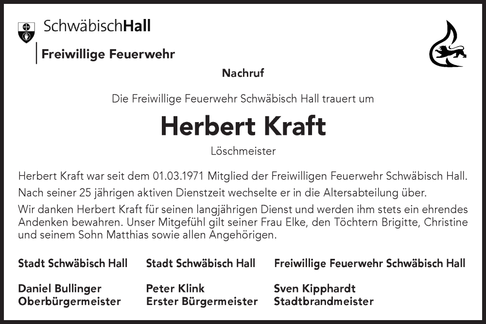  Traueranzeige für Herbert Kraft vom 07.12.2023 aus Haller Tagblatt