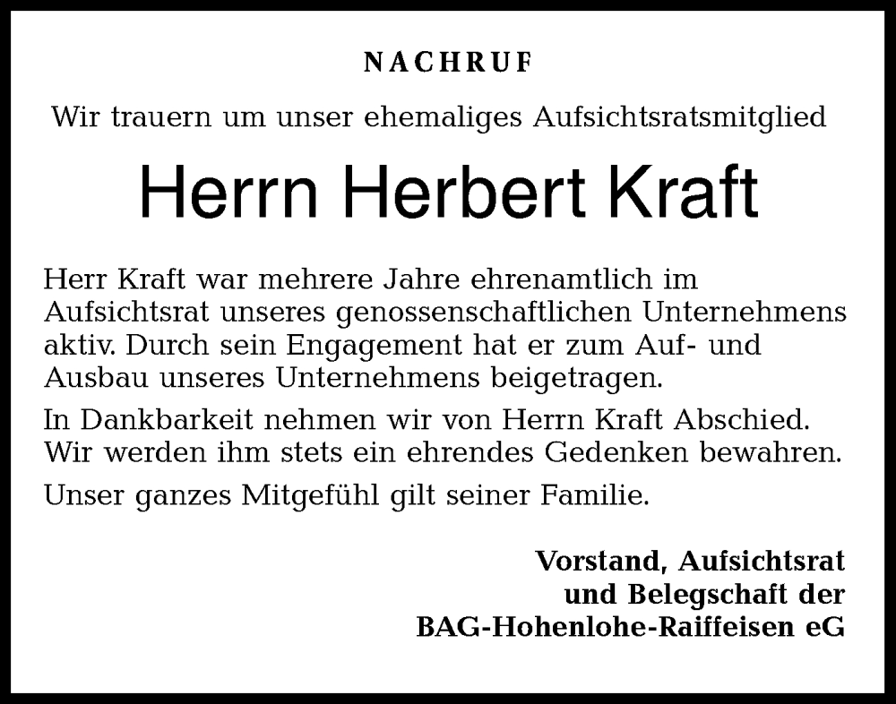  Traueranzeige für Herbert Kraft vom 09.12.2023 aus Haller Tagblatt