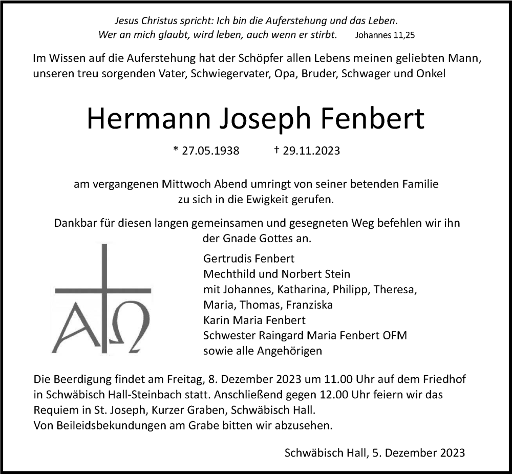  Traueranzeige für Hermann Joseph Fenbert vom 05.12.2023 aus Haller Tagblatt