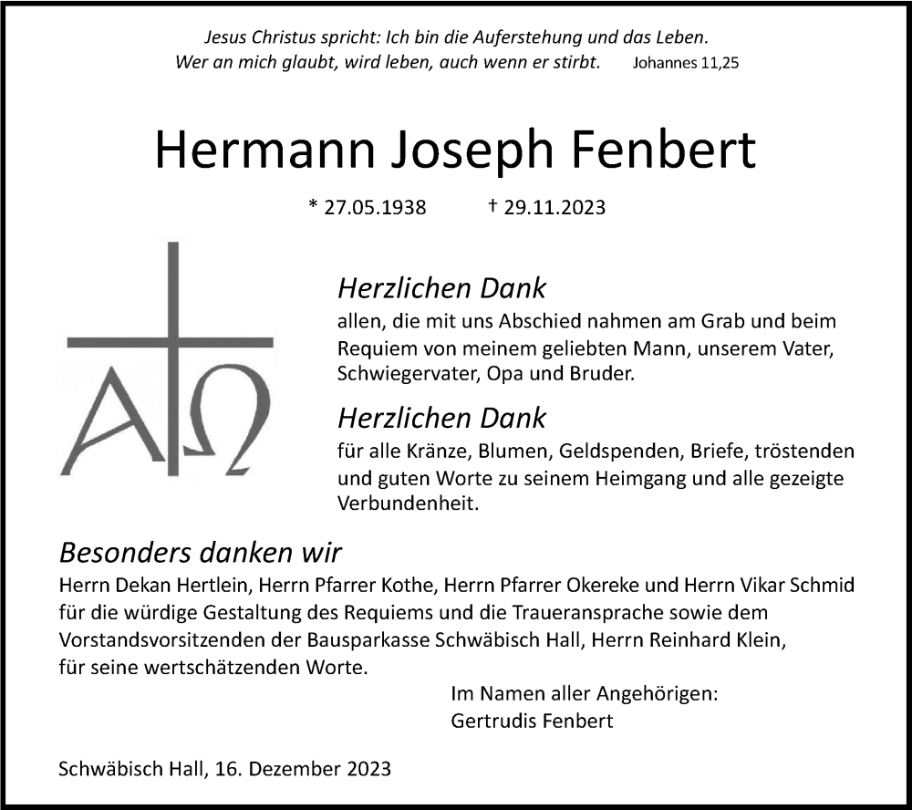 Traueranzeige für Hermann Joseph Fenbert vom 16.12.2023 aus Haller Tagblatt