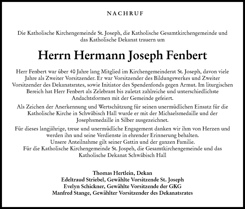  Traueranzeige für Hermann Joseph Fenbert vom 08.12.2023 aus Haller Tagblatt