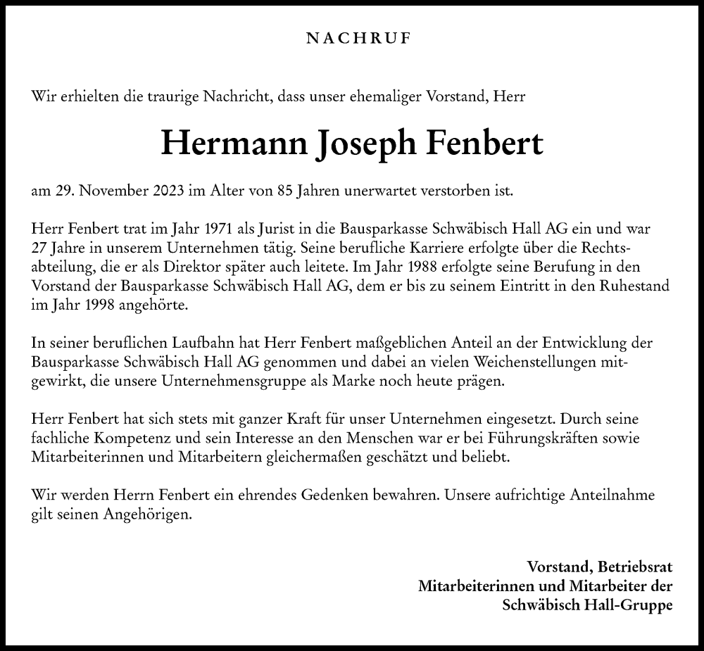  Traueranzeige für Hermann Joseph Fenbert vom 07.12.2023 aus Haller Tagblatt