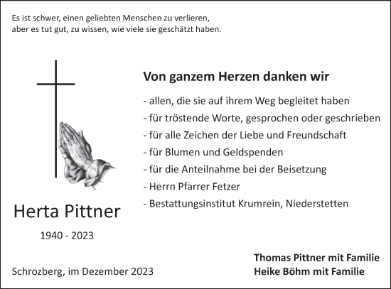 Traueranzeige von Herta Pittner von Hohenloher Tagblatt