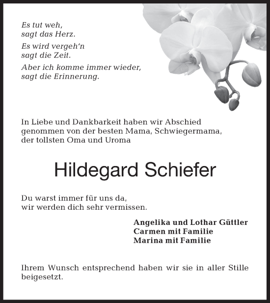 Traueranzeige von Hildegard Schiefer von Hohenloher Tagblatt